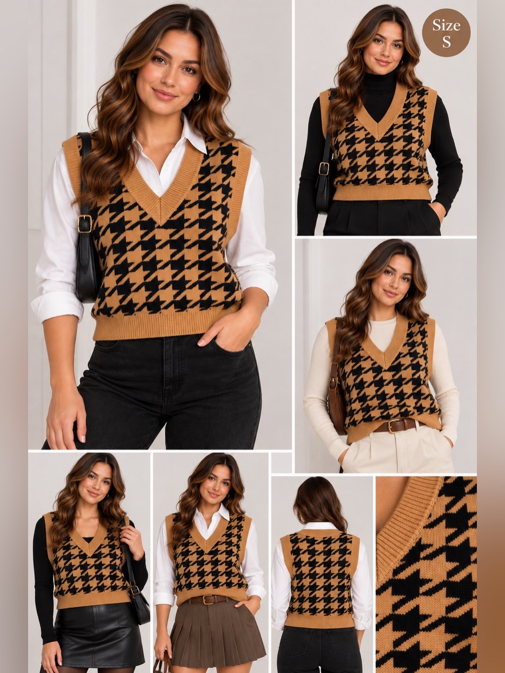 Houndstooth Sleeveless V-Neck Sweater Vest - Camel/Black